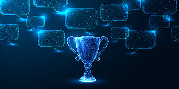 Glowing digital trophy surrounded by speech bubbles symbolizes AI-powered success, leadership, and performance in tech communication. Low poly futuristic blue digital style concept vector illustration